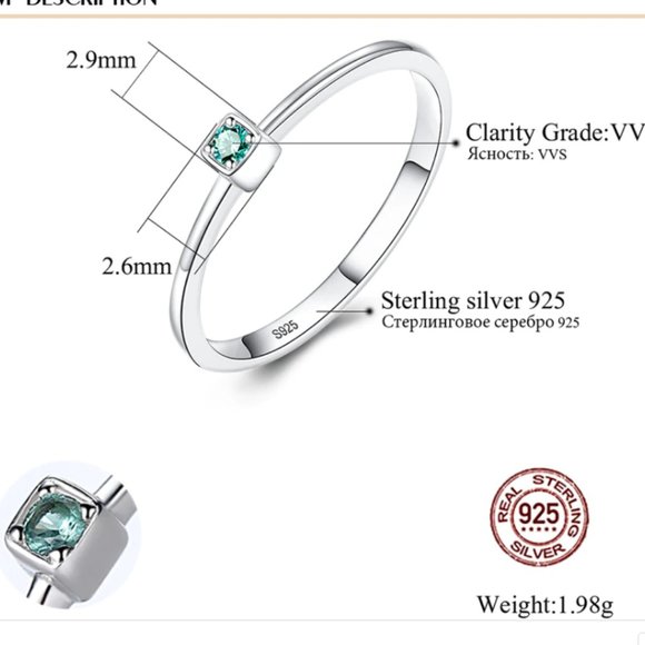 925 Silver Blue Thin Ring Size 8 NWT minimalist Cubic Zircornia - Picture 8 of 11